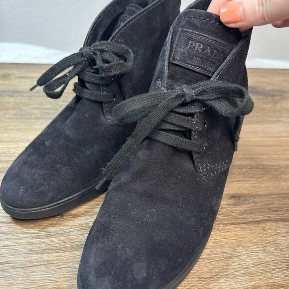 PRADA Rossa Desert Wedge Black Suede 
SIZE 38 Lace-up Booties - Picture 2 of 10